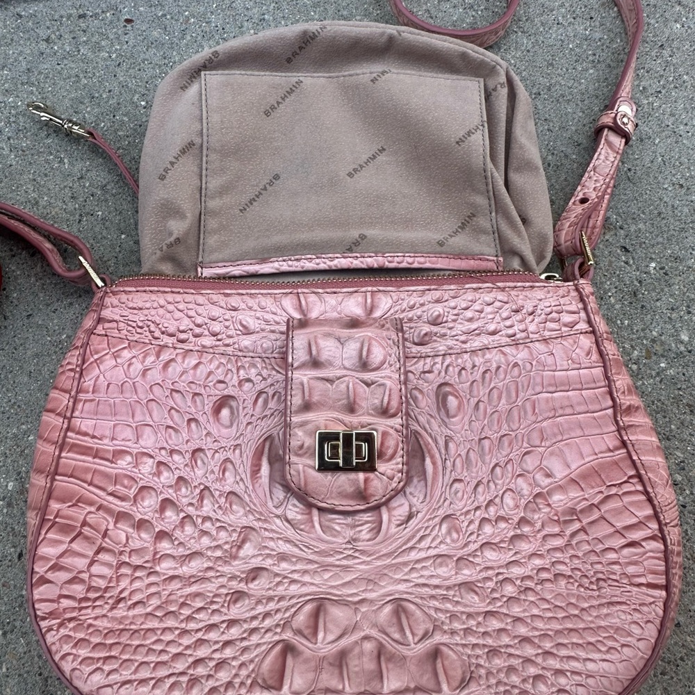 Brahmin Vanessa Crocodile-Embossed Leather Shoulder/Crossbody Bag in Pink - Picture 2 of 8